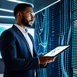 A modern B2B professional, a diverse male figure fully clothed in a crisp, modest business suit, stands confidently in a futuristic office environment. Behind him, abstract glowing data streams and neural network patterns subtly illustrate the power of AI and predictive analytics. He holds a translucent tablet displaying a sales funnel, with a focused yet approachable expression. Perfect anatomy, correct proportions, natural pose, well-formed hands, proper finger count, natural body proportions, professional dress, appropriate attire, safe for work, appropriate content, professional.