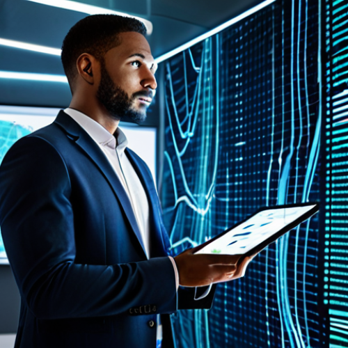 Home 6 A modern B2B professional, a diverse male figure fully clothed in a crisp, modest business suit, stands confidently in a futuristic office environment. Behind him, abstract glowing data streams and neural network patterns subtly illustrate the power of AI and predictive analytics. He holds a translucent tablet displaying a sales funnel, with a focused yet approachable expression. Perfect anatomy, correct proportions, natural pose, well-formed hands, proper finger count, natural body proportions, professional dress, appropriate attire, safe for work, appropriate content, professional.