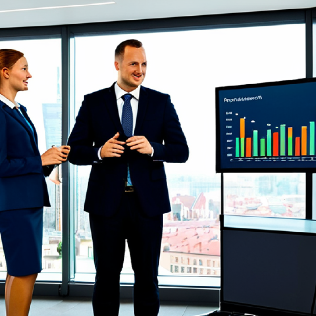 A diverse group of four Polish business professionals, two men and two women, fully clothed in modest, professional business suits and dresses, appropriate attire. They are standing around a large, interactive digital display in a bright, modern corporate office, with a city skyline visible through large windows in the background. The screen displays clear, real-time sales performance dashboards with graphs and KPIs. They are actively discussing the data, pointing at the screen with natural poses, showing collaboration and focus. Professional photography, high quality, perfect anatomy, correct proportions, well-formed hands, proper finger count, natural body proportions, safe for work, appropriate content, fully clothed, professional.