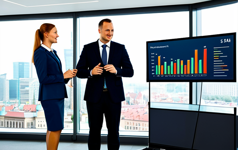 A diverse group of four Polish business professionals, two men and two women, fully clothed in modest, professional business suits and dresses, appropriate attire. They are standing around a large, interactive digital display in a bright, modern corporate office, with a city skyline visible through large windows in the background. The screen displays clear, real-time sales performance dashboards with graphs and KPIs. They are actively discussing the data, pointing at the screen with natural poses, showing collaboration and focus. Professional photography, high quality, perfect anatomy, correct proportions, well-formed hands, proper finger count, natural body proportions, safe for work, appropriate content, fully clothed, professional.