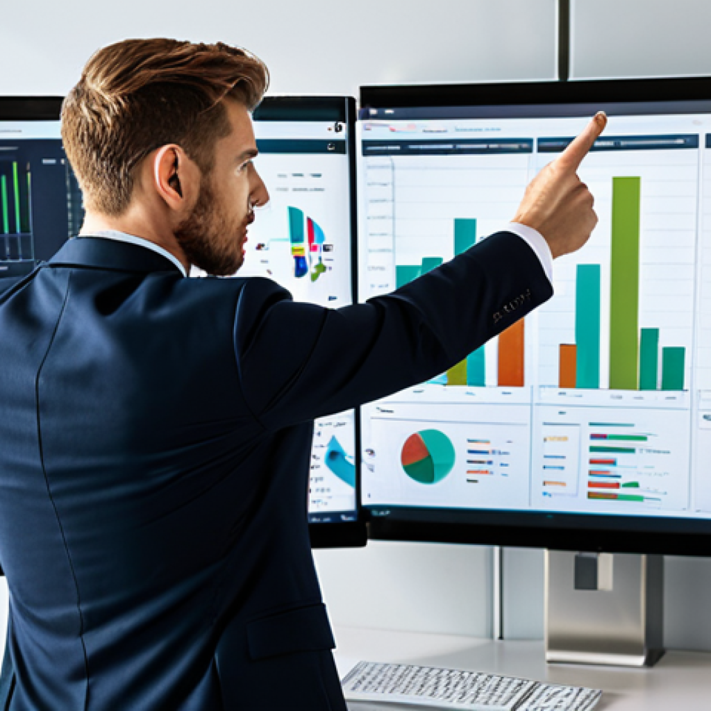 A focused professional B2B sales analyst, fully clothed in a modest business suit, standing in a sleek, modern office. They are pointing at a large monitor displaying intricate data visualizations of sales funnels, performance metrics, and identified bottlenecks. The analyst's expression is thoughtful and determined, conveying deep insight into B2B process optimization. The scene is well-lit, emphasizing a high-tech and analytical environment. perfect anatomy, correct proportions, natural pose, well-formed hands, proper finger count, natural body proportions, professional photography, high quality, safe for work, appropriate content, professional.