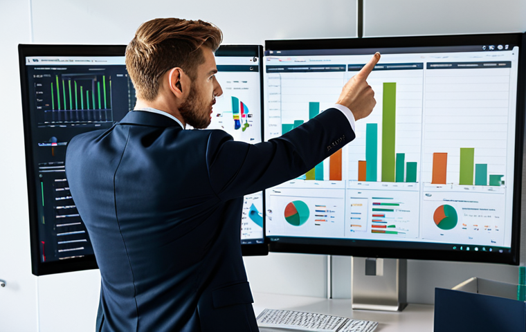 A focused professional B2B sales analyst, fully clothed in a modest business suit, standing in a sleek, modern office. They are pointing at a large monitor displaying intricate data visualizations of sales funnels, performance metrics, and identified bottlenecks. The analyst's expression is thoughtful and determined, conveying deep insight into B2B process optimization. The scene is well-lit, emphasizing a high-tech and analytical environment. perfect anatomy, correct proportions, natural pose, well-formed hands, proper finger count, natural body proportions, professional photography, high quality, safe for work, appropriate content, professional.