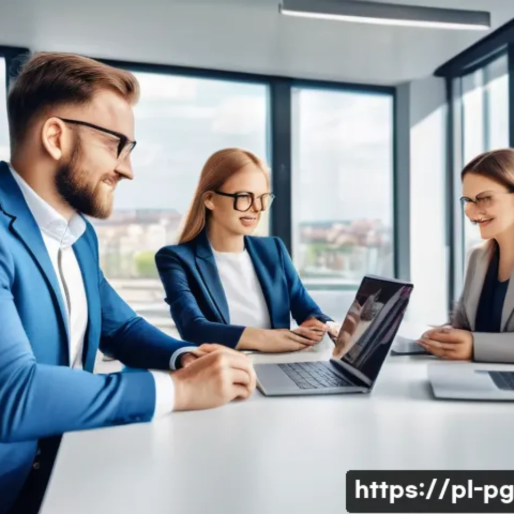 BB 세일즈 프로세스 최적화를 위한 도구 소개 - A modern Polish B2B sales team in a bright, contemporary office environment, collaborating around a ...