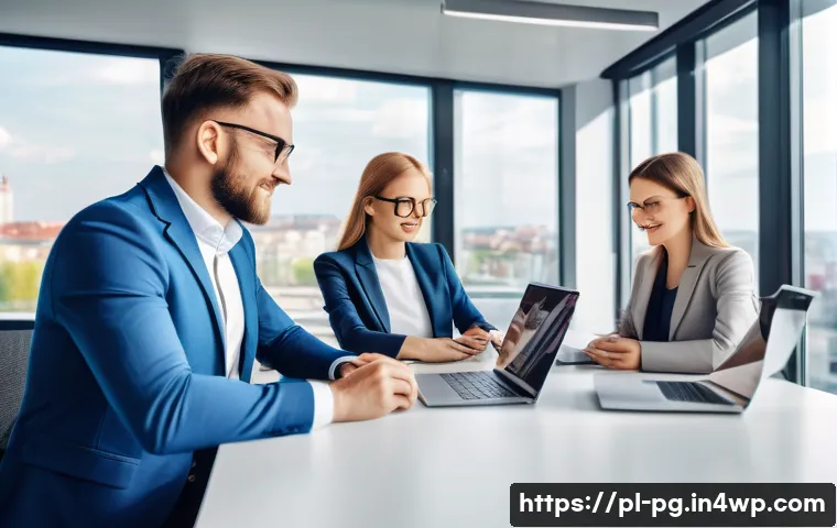 BB 세일즈 프로세스 최적화를 위한 도구 소개 - A modern Polish B2B sales team in a bright, contemporary office environment, collaborating around a ...