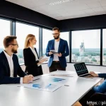 BB 세일즈 프로세스 개선을 위한 직원 참여 유도 방법 - A modern Polish sales team in a bright, open office environment during a daily stand-up meeting. Div...