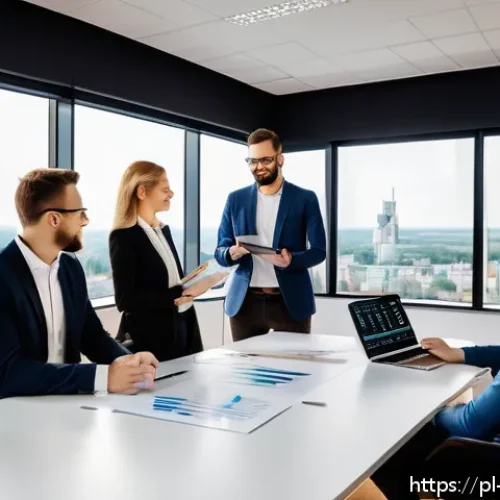 BB 세일즈 프로세스 개선을 위한 직원 참여 유도 방법 - A modern Polish sales team in a bright, open office environment during a daily stand-up meeting. Div...