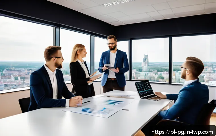 BB 세일즈 프로세스 개선을 위한 직원 참여 유도 방법 - A modern Polish sales team in a bright, open office environment during a daily stand-up meeting. Div...
