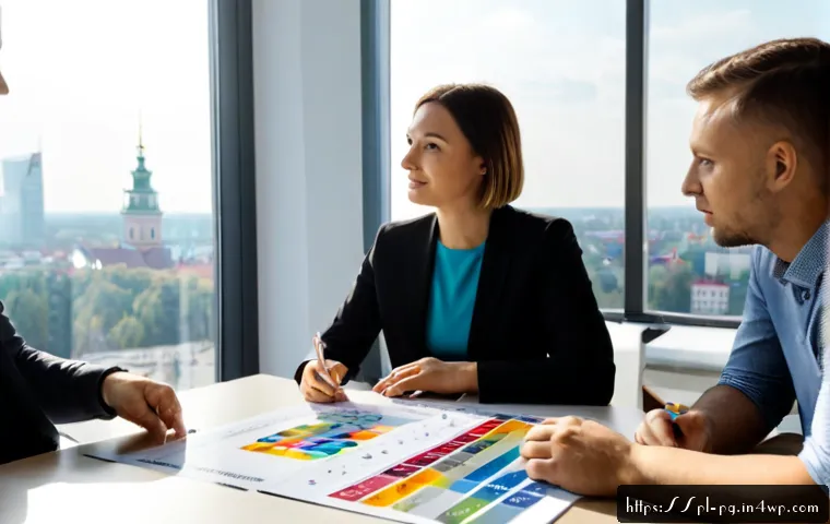 Home 17 BB 세일즈 프로세스 개선을 위한 마케팅 연계 전략 - Photorealistic B2B strategy workshop in a modern Warsaw office, diverse Polish business team gathere...